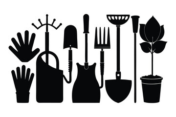 Black Silhouette Vector Six Gardening Tools Gloves Plant