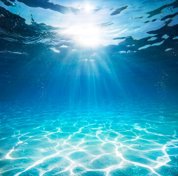 Underwater In Blue Sea - Deep Water Abyss With Sunshine