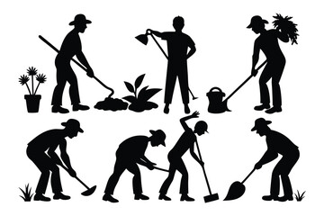 Naklejka premium Six Black Silhouettes Gardeners Working Bundle gardening