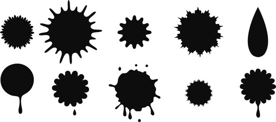 Collection of ink blot shapes splatters on background including droplet floral forms