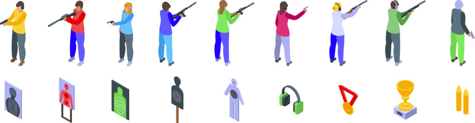 Human shooting range icons set. Shooters aiming and firing rifles and pistols at targets in a shooting range, with safety equipment, awards, and ammunition