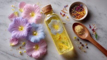 Organic Evening Primrose Oil Bottle with Fresh Flowers on Marble Surface