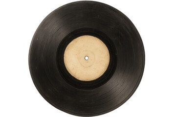 Vintage black vinyl record close-up, featuring blank beige label against transparent backdrop, ready for personalized graphic design element