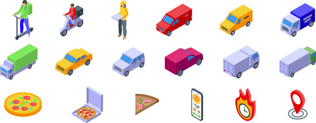 Pizza delivery car icons set. Isometric icons representing pizza delivery, featuring various vehicles, a courier, online ordering, and hot delivery symbols
