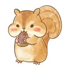 どんぐりを抱えるリスの手描き水彩イラスト｜秋の森キャラクター素材