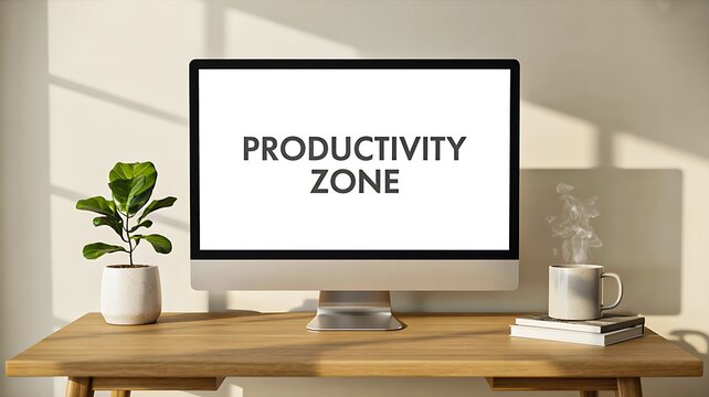 Desktop monitor displaying productivity zone on wooden desk with books and plant