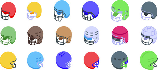Rugby helmet icons set. Colorful isometric icons representing helmets used in american football, providing essential head protection for players during the game © ylivdesign