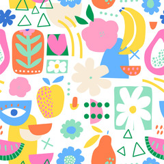 Seamless pattern with abstract fruits, shapes, eye, heart, flowers. Modern pastel texture for fabric, textile, packaging. Vector illustration