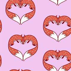 Cartoon foxes in heart shape childish seamless pattern design. Vector illustration.