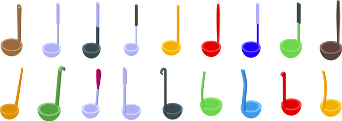 Ladle icons set. Different types and colors of soup ladles isolated on white background