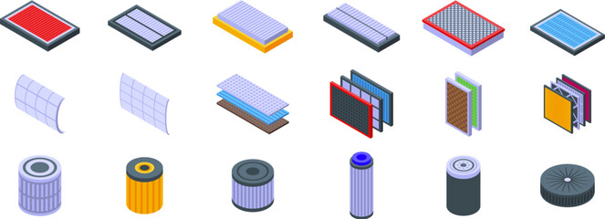 Air filter icons set. Different filters ensuring clean air and efficient engine operation, crucial for maintaining optimal performance in various applications