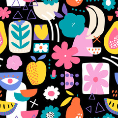 Seamless pattern with abstract fruits, shapes, eye, heart, flowers. Modern bold texture for fabric, textile, packaging. Vector illustration.
