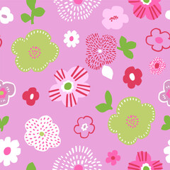 Seamless botanical pattern with abstract artistic flowers. Bright floral background. Vector texture for fabric, wallpapers, apparel, textile
