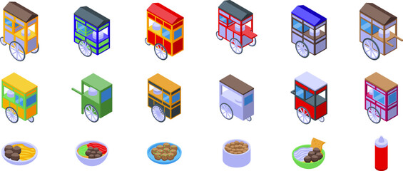 Meatball cart icons set. Isometric set of colorful bakso carts and bowls, showcasing indonesian street food culture and cuisine