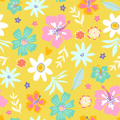 Seamless pattern with summer tropical flowers. Jungle florals, leaves yellow texture. Vector illustration.