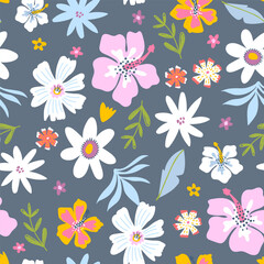 Seamless pattern with summer tropical flowers. Jungle florals, leaves texture. Vector illustration.