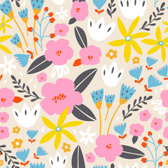 Seamless botanical pattern with abstract flowers. Bright floral pink summer background. Vector texture for fabric, wallpapers, apparel, textile