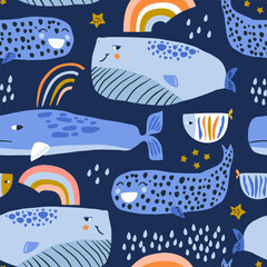 Childish seamless pattern with whales, rainbows and undersea animals. Marine cartoon creatures background for fabric, textile, digital papers. Vector illustration