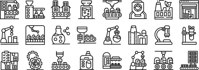 Pharmaceutical factory icons set. Pharmaceutical production line using advanced technology, featuring robotic arms, conveyor belts, and automated systems for efficient medicine manufacturing