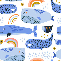 Childish seamless pattern with whales, rainbows and undersea animals. Marine cartoon creatures background for fabric, textile, digital papers. Vector illustration