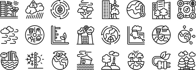 Climate resilience icons set. Icons representing various aspects of climate change, pollution, and environmental protection efforts