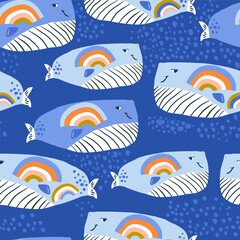 Childish seamless pattern with rainbow whales. Marine cartoon creatures background for fabric, textile, digital papers. Vector illustration