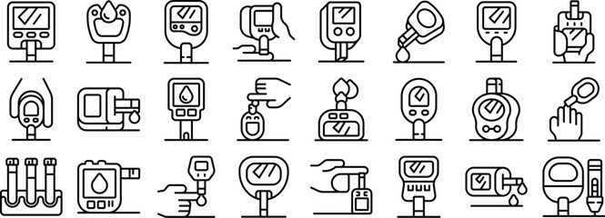 Glucometer icons set. Healthcare professionals performing blood glucose tests using glucometers, emphasizing diabetes management and blood sugar monitoring