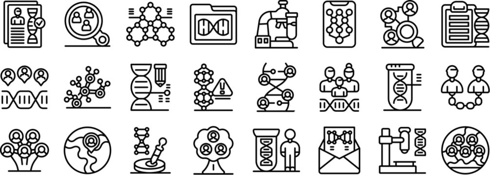 Genealogy research icons set. Set of icons representing genetic research, dna analysis, and human genome exploration, using microscopes, documents, and scientific tools