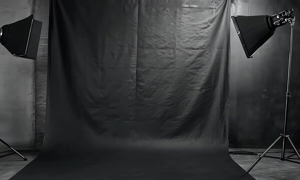 Professional studio setup with black backdrop and softbox lighting for photography and videography