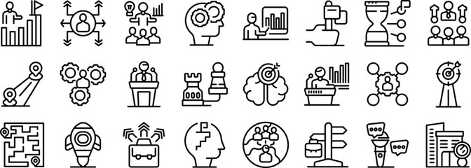 Mentorship workplace icons set. Business development, strategy planning, management consulting, coaching, training and development line icons
