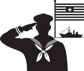 Naval Salute Vector Silhouette: Sailor Honoring Flag and Ship at Sea