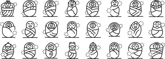 Baby swaddled icons set. Newborn babies wrapped in blankets showing different emotions and wearing different accessories, collection of adorable infant illustrations