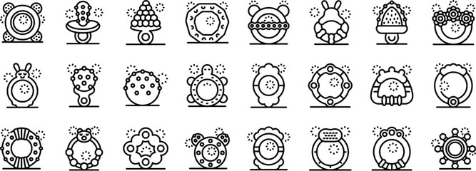 Teething toys icons set. Different designs of teething toys providing comfort and stimulation to babies during the teething phase