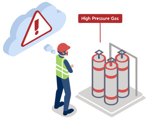 Isometric cartoon illustration of a worker undergoing emergency response training for hazardous gas leak scenarios in a factory setting.
