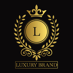 Gold Emblem with Crown and Laurel Wreath on L Logo Black Background