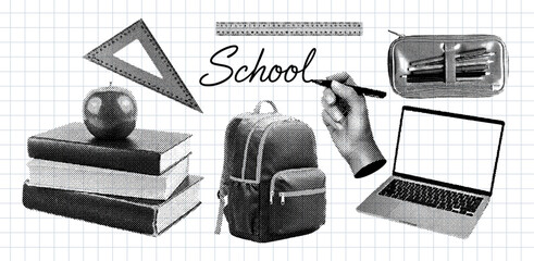 back to school elements collection, backpack, books, ruler, laptop, pencil case, retro halftone effect set