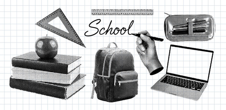 back to school elements collection, backpack, books, ruler, laptop, pencil case, retro halftone effect set