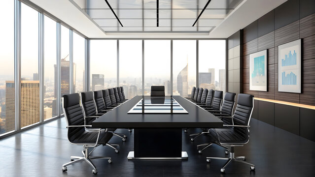 Contemporary conference room features a sleek design with a long table and cityscape views, ideal for corporate meetings. - Powered by Adobe