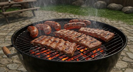A realistic barbeque scene featuring ribs and sausages being grilled over open coals, grill marks and caramelization visible, with smoke and fire effects, rustic backyard setting, 