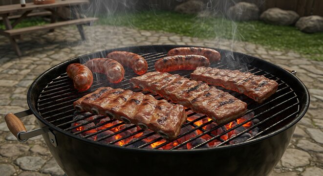 A realistic barbeque scene featuring ribs and sausages being grilled over open coals, grill marks and caramelization visible, with smoke and fire effects, rustic backyard setting,