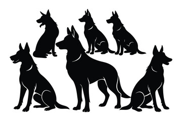 Six Black German Shepherd Silhouettes Various Poses