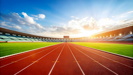 Running track curves through a stadium with a bright, cloud-filled sky enhancing the perspective and sense of athletic competition.