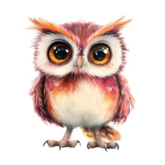 Fototapeta premium Cute and colorful cartoon owl with large expressive eyes, fluffy feathers, small beak, and tiny talons, front view isolated on white background