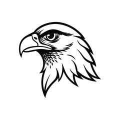 Black and white art tattoo style illustration of a hawk head with sharp feathers and piercing eye.eps