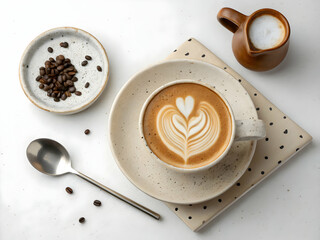 Flat lay minimalist coffee setup with latte art