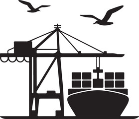 Port Crane Vector Silhouette: Loading Cargo Ship with Seagulls Flying