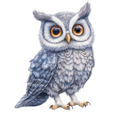 Obraz premium Highly detailed realistic illustration of a wise gray owl perched with vibrant amber eyes and fluffy feathers