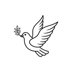 Line art illustration of a dove's head with a peaceful expression and olive branch in beak.eps