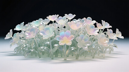 A cluster of glowing iridescent glass flowers with translucent pastel petals, floating against a dark backdrop—merging floral elegance with surreal and dreamy artistry