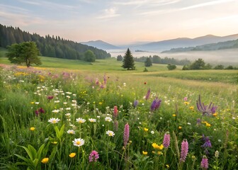 Spring background banner long - Panorama of blooming flowers on spring  summer meadow field, isolated on white background